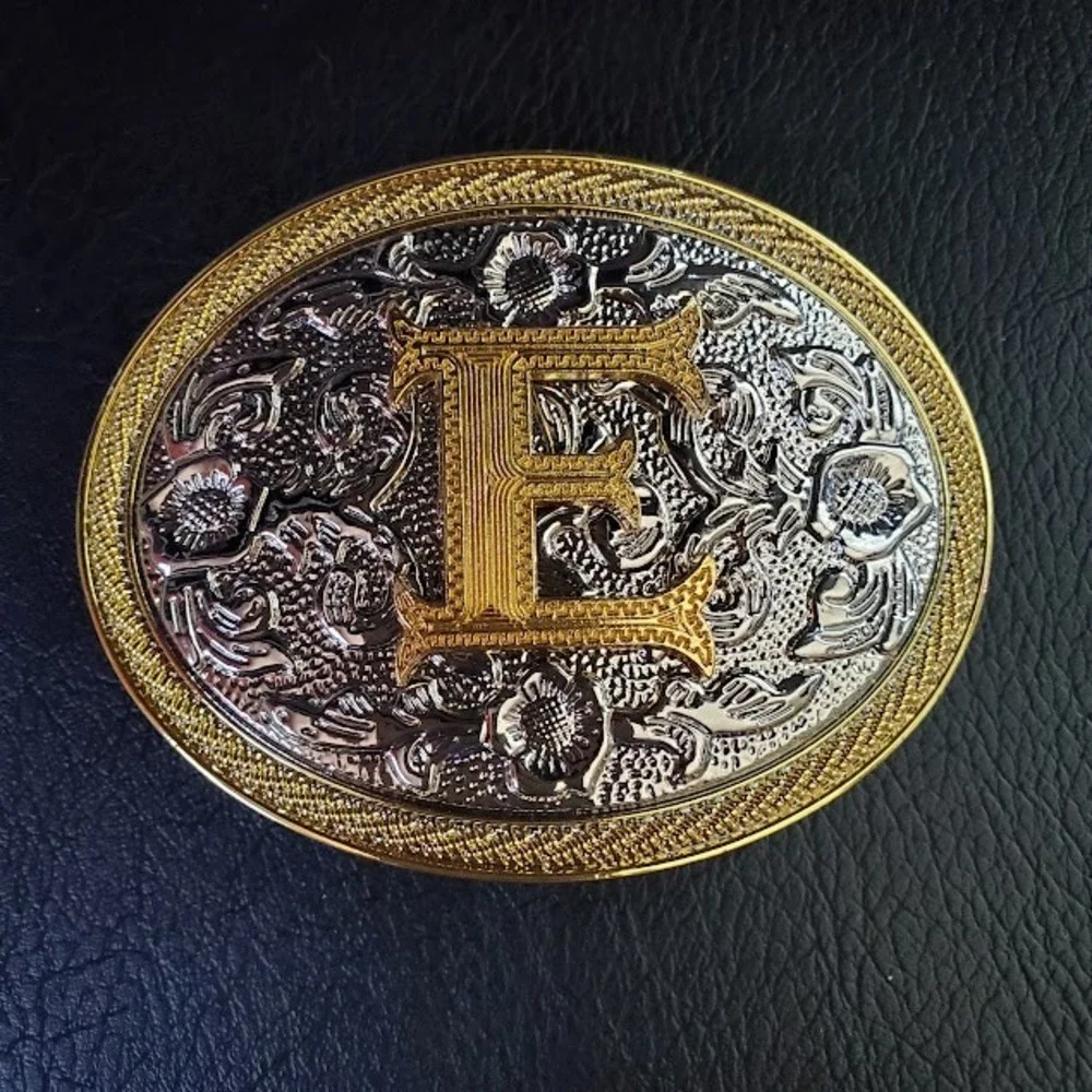 Western Initial E Belt Buckle Gold Silver Two Tone Floral Engraved Oval Cowboy